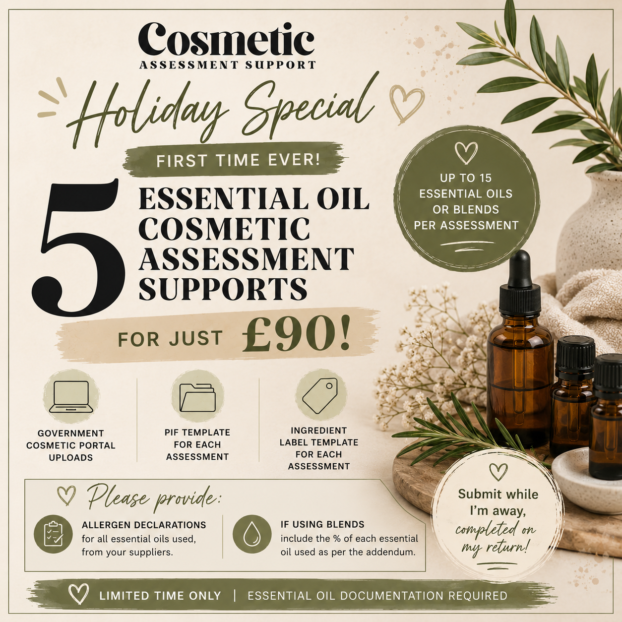 Holiday Special – 5 Essential Oil Cosmetic Assessment Supports for £90