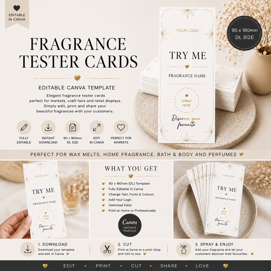 A promotional collage for fragrance tester cards showing multiple card designs, text callouts, and a small hand holding a card. The cards are cream and white with gold decorative details and the words 'TRY ME' and 'FRAGRANCE NAME.